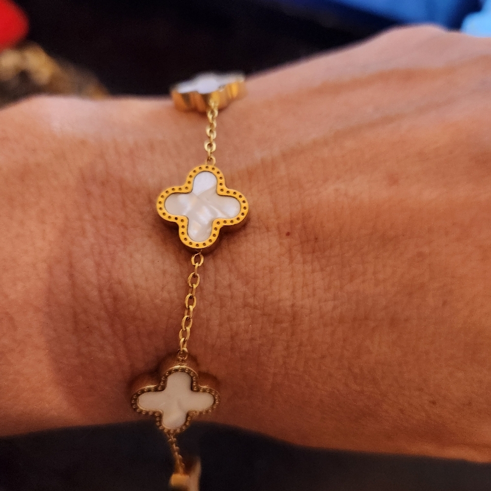 Gold and White Clover Link Bracelet - Women Jewelry